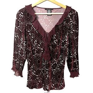 ECI Womens Y2K Red Velvet Burnout Top Sz L Beaded Whimsigoth Fairy Dark Romantic